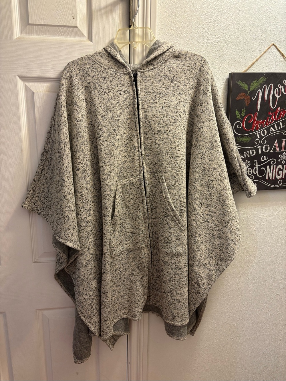 Cozy Heather Gray Hooded Zip Up Poncho Sweater